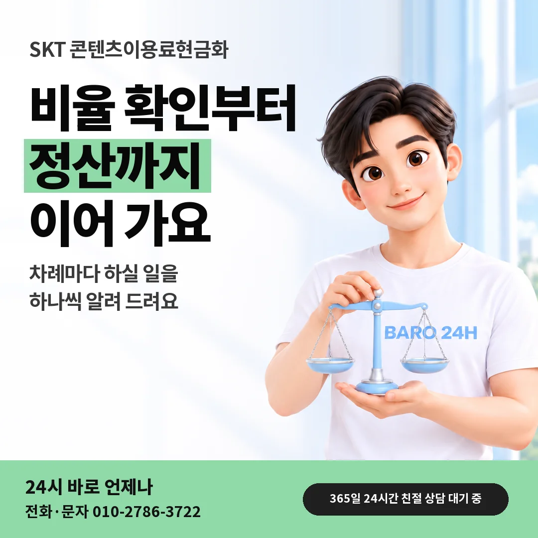저울을 든 BARO 24H 티셔츠를 입은 3D 인물 옆에 「SKT 콘텐츠이용료현금화」 제목을 얹은 안내 카드