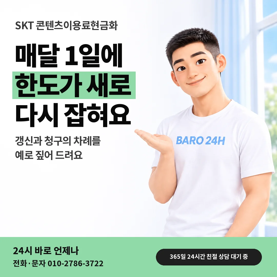 BARO 24H 티셔츠를 입은 3D 인물 옆에 「SKT 매달 1일 한도 갱신」 제목을 얹은 안내 카드
