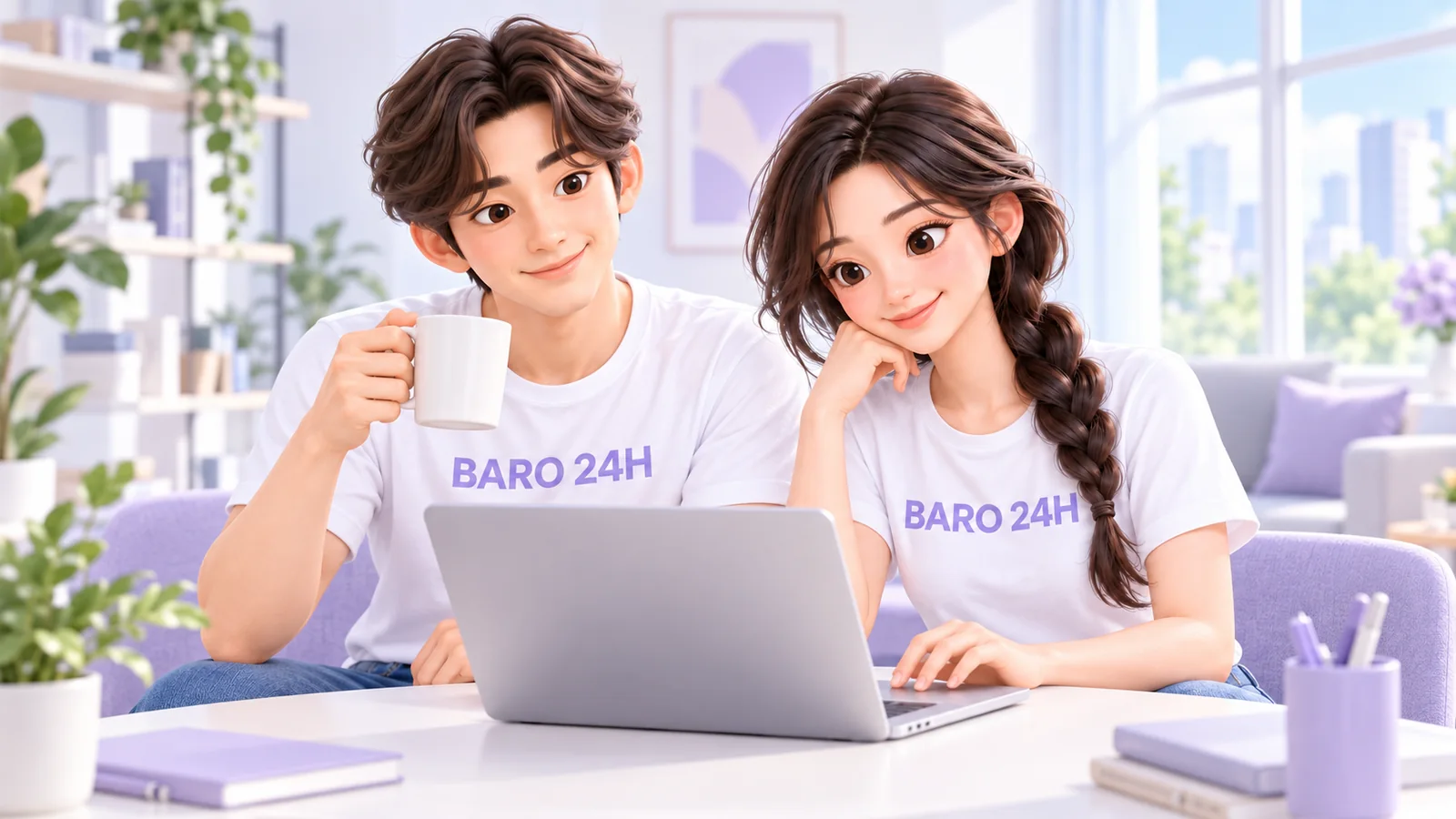 카페 같은 밝은 방에서 휴대폰과 노트북으로 상담 내용을 함께 보는 BARO 24H 티셔츠 차림의 3D 인물